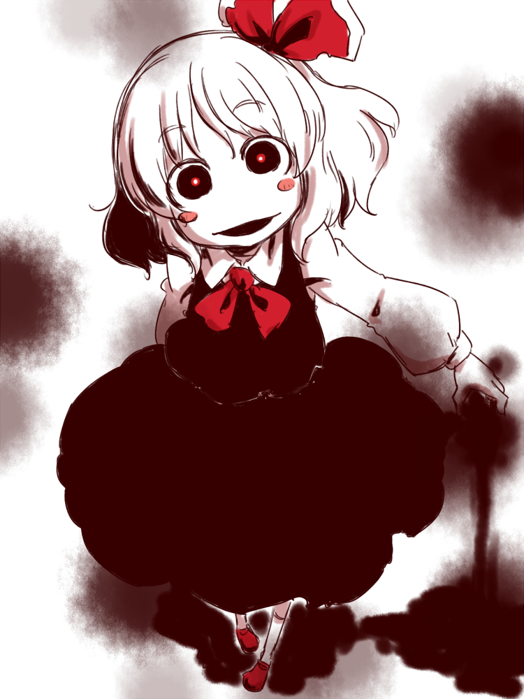 1girl, :d, ascot, blush_stickers, crazy_eyes, creepy, dress, female_focus, hair_ribbon, horror_(theme), looking_at_viewer, open_mouth, red_eyes, red_shoes, ribbon, rumia, shoes, short_hair, smile, socks, solo, sonson_(eleven), touhou