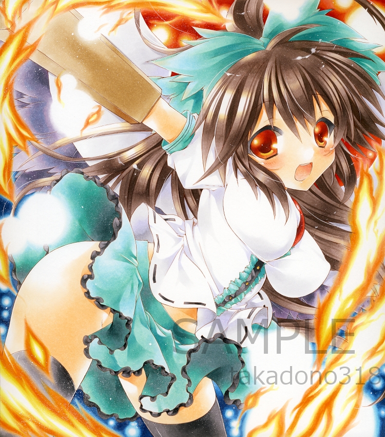 1girl, arm_cannon, bow, breasts, brown_hair, cape, female_focus, hair_bow