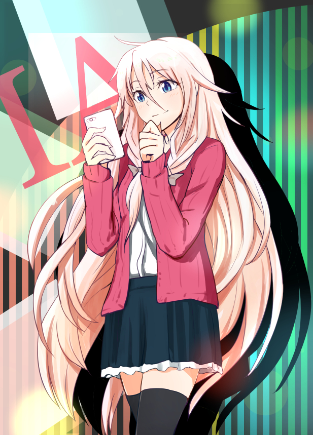 1girl, ayatori_(sensei_heroism), black_skirt, black_thighhighs, blue_eyes, cellphone, character_name, eyelashes