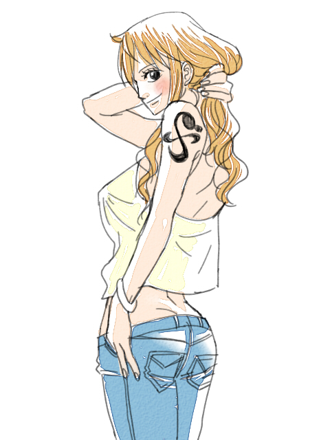 ass, breasts, kuri_(pienu), large_breasts, nami_(one_piece), one_piece, orange_hair, tattoo