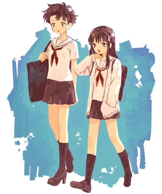 10s, 2girls, bag, cardigan, high_heels, kneehighs, koe_no_katachi, loafers