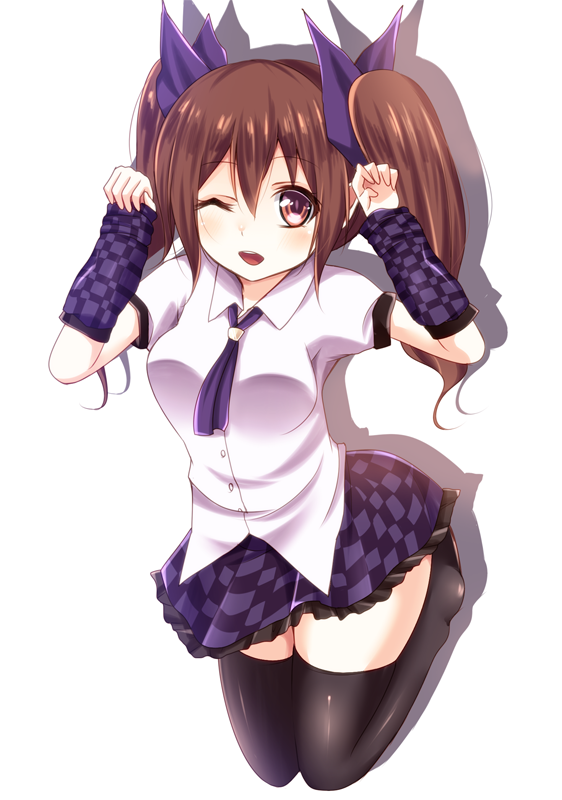 1girl, arm_warmers, black_thighhighs, bouncing_breasts, breasts, brown_eyes, brown_hair, checkered_clothes