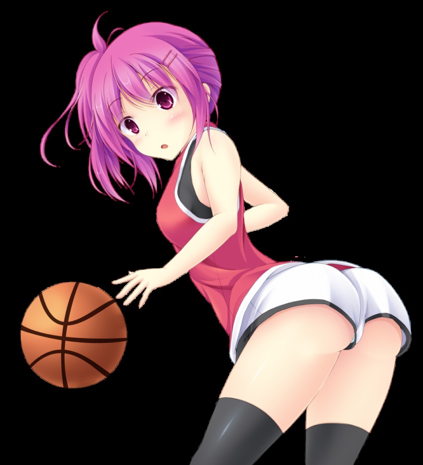 1girl, akawata, ass, ball, bare_arms, bare_shoulders, basketball, basketball_(object), basketball_uniform, black_thighhighs, cowboy_shot, female_focus, from_side, gym_shorts, gym_uniform, highres, looking_away, original, purple_eyes, purple_hair, short_hair, short_shorts, shorts, sleeveless, solo, sportswear, thighhighs, transparent_background, wata_(akawata)