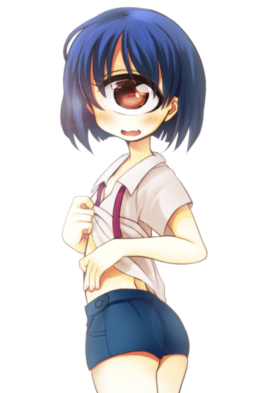1girl, ass, blue_hair, brown_eyes, child, clothes_lift, collared_shirt, cowboy_shot, cyclops, denim, denim_shorts, fang, female_focus, highres, kotoha_(pixiv83231), lens_flare, looking_at_viewer, monster_girl, necktie, one-eyed, original, shirt, shirt_lift, short_hair, short_shorts, shorts, simple_background, solo, standing, thighs, undone_necktie, white_background