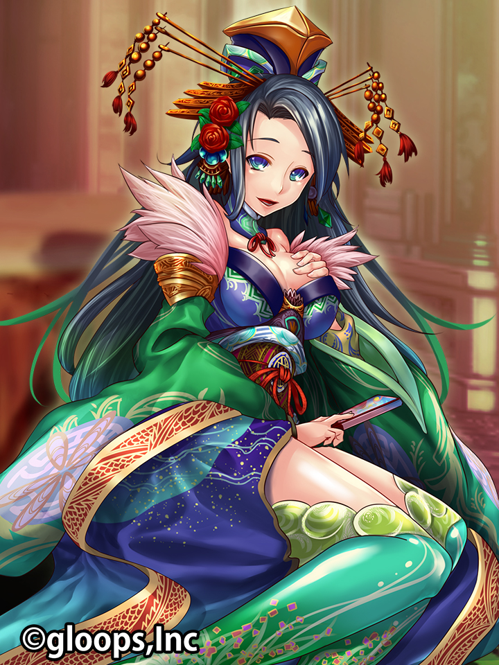 1girl, :d, blue_eyes, breasts, character_request, cleavage, daisenran!!_sangokushi_battle, english_text