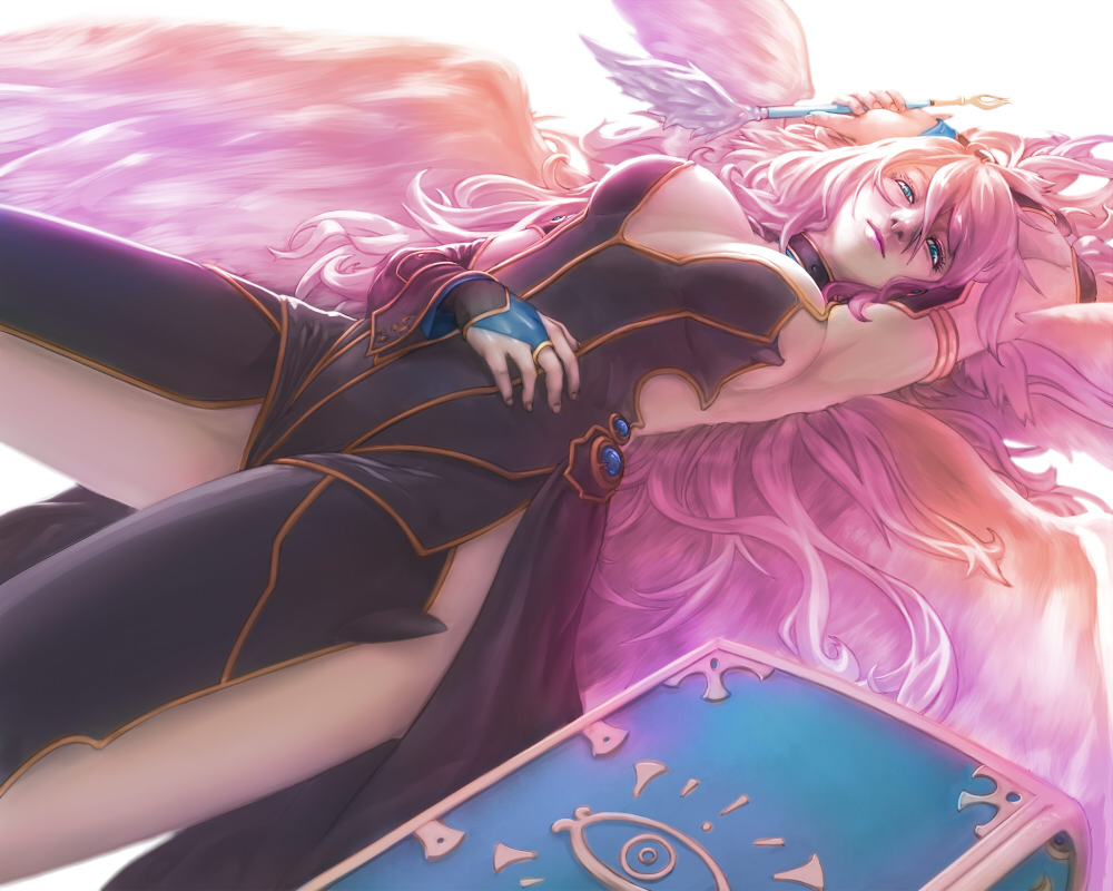 1girl, angel_wings, archangel_metatron_(p&amp;d), armpits, banajune, book, female_focus, long_hair, lying, md5_mismatch, metatron_(p&amp;d), pink_hair, puzzle_&amp;_dragons, quill, solo, wings