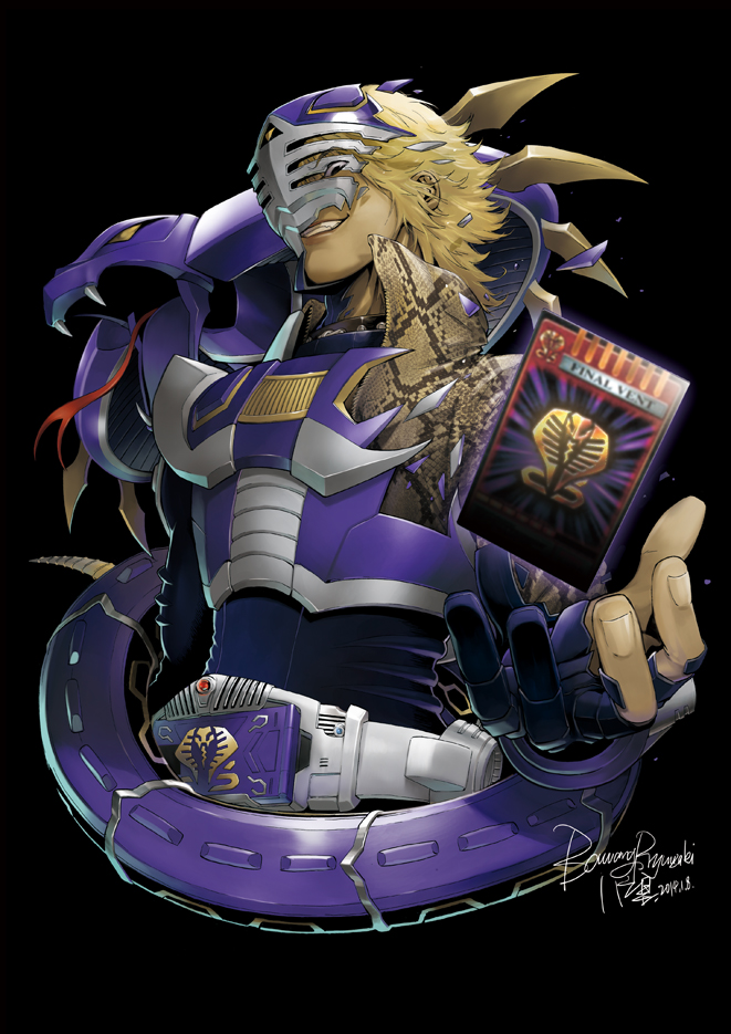 1boy, armor, asakura_takeshi, bawang-ryuuzaki, belt, black_background, blonde_hair, card, cobra_(animal), grin, kamen_rider, kamen_rider_ouja, kamen_rider_ryuki_(series), male_focus, smile, snakeskin_print, solo, venosnaker