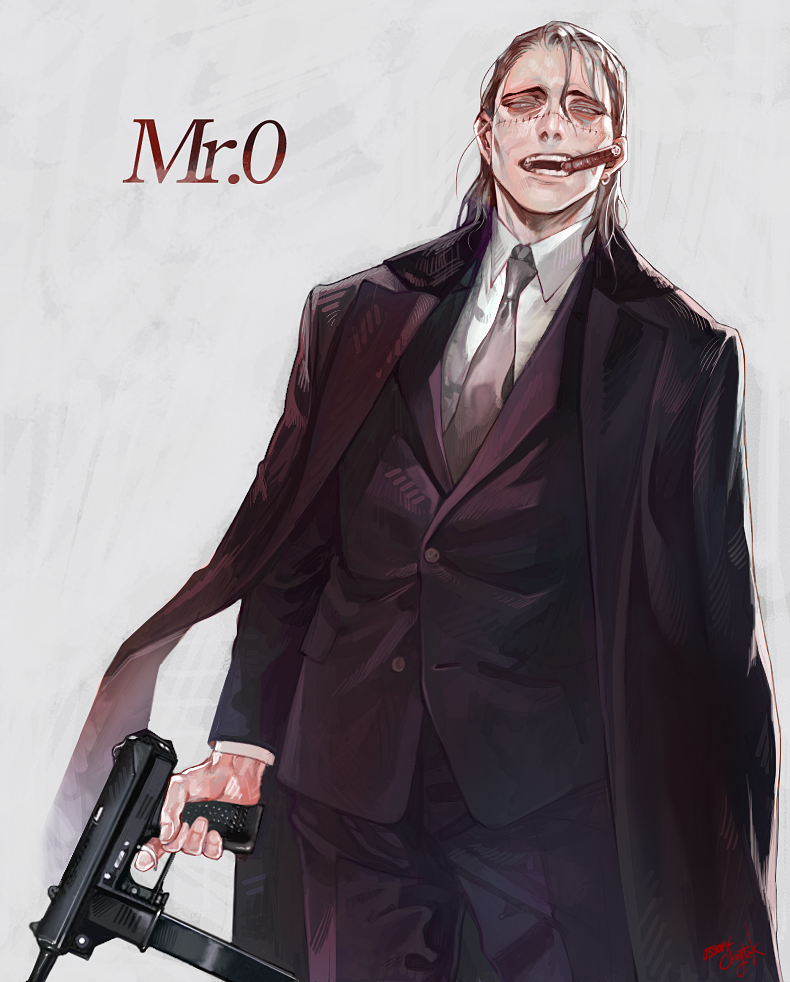 1boy, alternate_costume, bad_id, bad_pixiv_id, black_hair, character_name, cigar, contemporary, crocodile_(one_piece), ctkcave, earrings, finger_on_trigger, formal_clothes, gun, holding, holding_gun, holding_weapon, jacket, jacket_on_shoulders, jewelry, long_coat, long_hair, male_focus, manly, necktie, one_piece, scar, signature, smoking, solo, stitches, suit, weapon