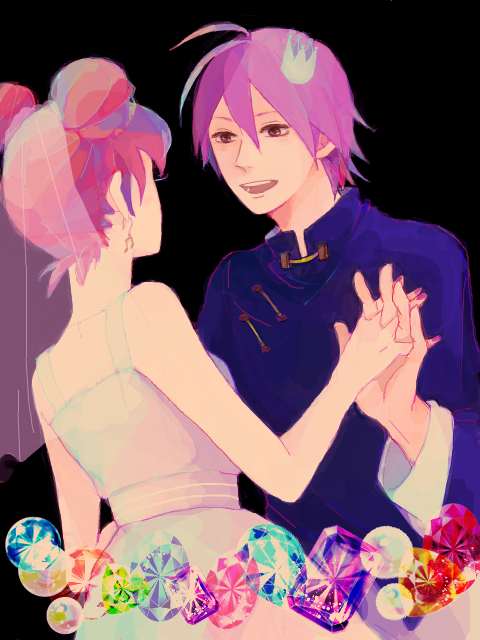 1boy, 1girl, akatsuki_(ojamajo_doremi), amr, crown, dress, gem, hair_bun