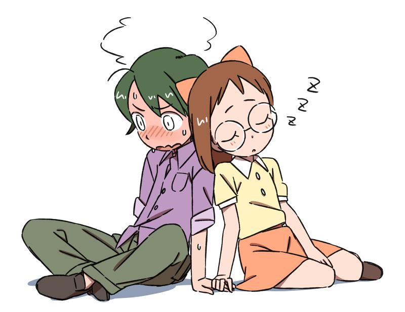 1boy, 1girl, blush, bow, brown_hair, closed_eyes, fujiwara_hazuki, green_hair