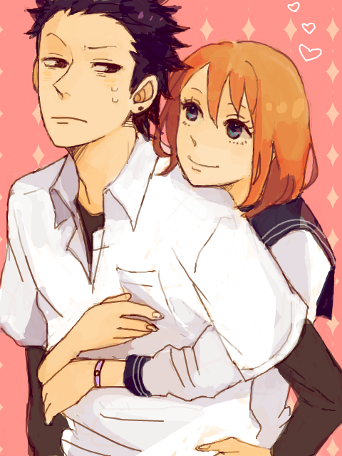 1boy, 1girl, aged_up, amr, black_hair, hasebe_takeshi, heart, hetero, hug, hug_from_behind, kudou_mutsumi, ojamajo_doremi, orange_hair, school_uniform, serafuku