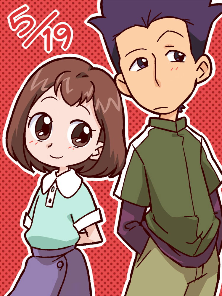 1boy, 1girl, brown_eyes, brown_hair, dated, hasebe_takeshi, kudou_mutsumi, long_hair, ojamajo_doremi, purple_eyes, purple_hair, rapisu, short_hair