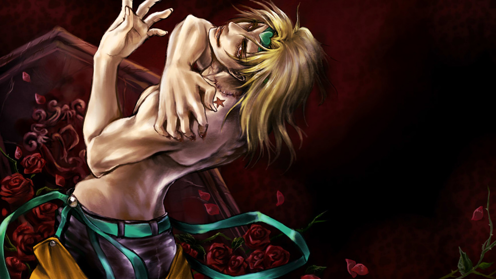 1boy, amanna, birthmark, blonde_hair, coffin, dio_brando, flower, headband