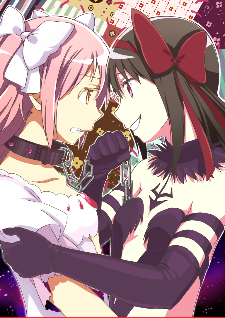 10s, 2girls, akemi_homura, akuma_homura, bare_shoulders, bdsm, black_dress, black_gloves, black_hair, chain, collar, dress, eye_contact, gloves, grin, hair_ribbon, holding, holding_chain, holding_leash, kaname_madoka, leash, long_hair, looking_at_another, mahou_shoujo_madoka_magica, mahou_shoujo_madoka_magica:_hangyaku_no_monogatari, multiple_girls, neko_kai, neko_suke, pink_hair, purple_eyes, ribbon, smile, spoilers, two_side_up, ultimate_madoka, upper_body, very_long_hair, white_dress, yellow_eyes, you_gonna_get_raped, yuri