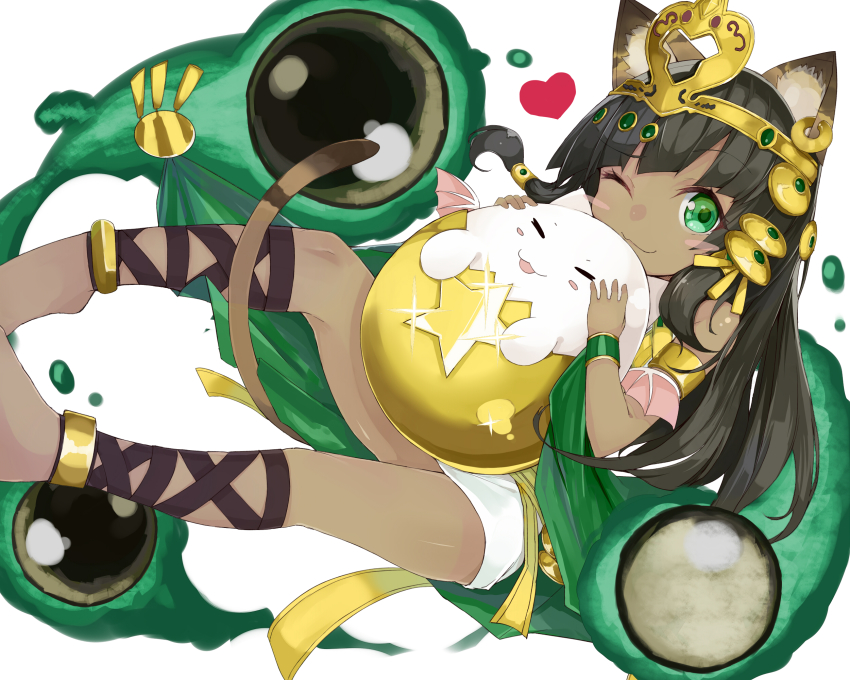 1girl, =_=, animal_ears, bastet_(p&amp;d), black_hair, cat_ears, cat_tail, dark_skin