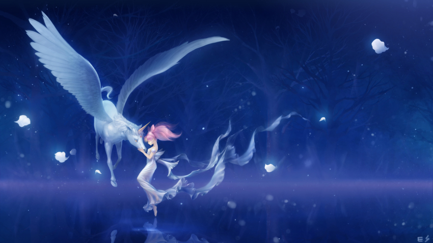 1990s_(style), 1girl, barefoot, bishoujo_senshi_sailor_moon, bishoujo_senshi_sailor_moon_supers, blue_background, chibi_usa, cone_hair_bun, double_bun, dress, erian, floating, hair_bun, helios_(sailor_moon), highres, pegasus, pegasus_(sailor_moon), petals, pink_hair, reflection, retro_artstyle, short_hair, small_lady_serenity, strapless, strapless_dress, tree, twintails, white_dress, wings