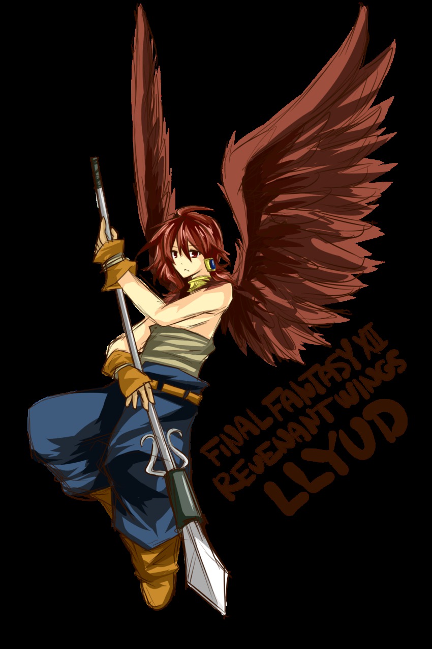00s, 1boy, aegyl, final_fantasy, final_fantasy_xii, final_fantasy_xii_revenant_wings, flying, gloves, highres, jewelry, llyud, male_focus, monster_boy, polearm, red_eyes, red_hair, spear, weapon, wings
