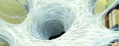 10s, 1girl, animated, animated_gif, black_hair, child, female_focus, lowres, musume_kumo, red_eyes, silk, solo, spider_web, wasurenagumo