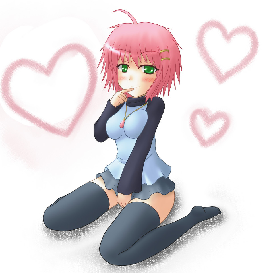 1girl, blush, breasts, female_focus, finger_to_mouth, green_eyes, large_breasts, looking_at_viewer, miniskirt, original, pink_hair, shirt, short_hair, sitting, skirt, solo, thighhighs, wariza, yani_tama