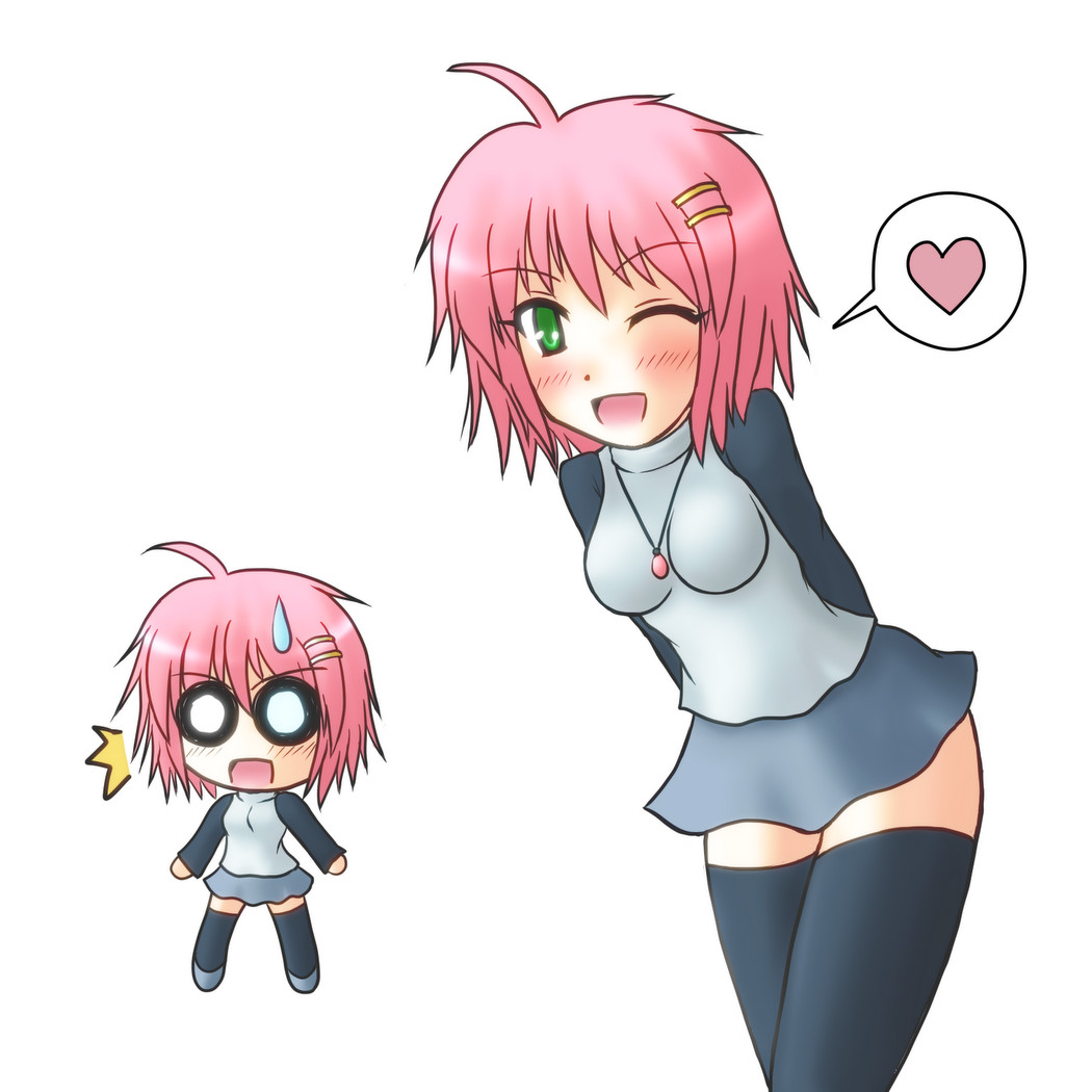 1girl, blush, breasts, chibi, green_eyes, large_breasts, miniskirt, multiple_views, o_o, one_eye_closed, open_mouth, original, pink_hair, shirt, short_hair, skirt, sweatdrop, thighhighs, wink, yani_tama