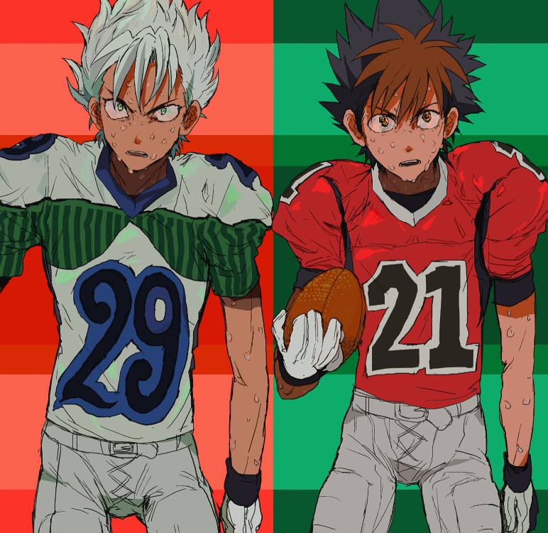 00s, 2boys, american_football, american_football_(object), american_football_uniform, bad_id, bad_pixiv_id, ball