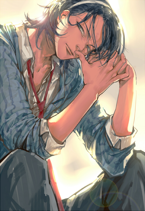 1boy, backlighting, black_hair, blazer, hairband, head_rest, jacket, lens_flare