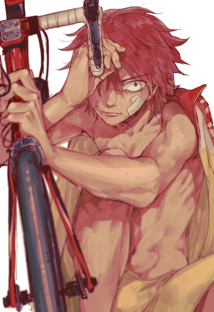 1boy, bandage_on_face, bandages, bicycle, bike_shorts, bruise, eyes_visible_through_hair, fang