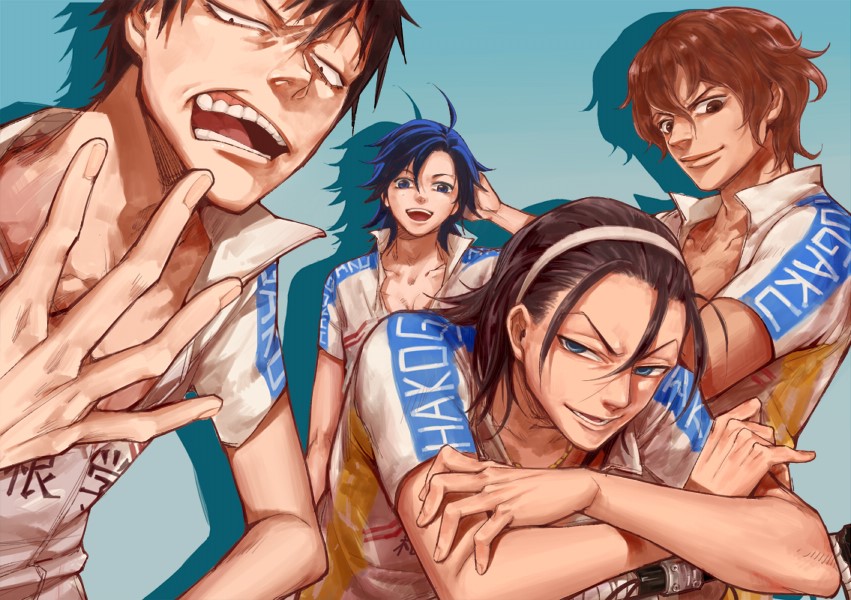 4boys, :d, adam's_apple, ahoge, aqua_background, arakita_yasutomo, bicycle, black_hair
