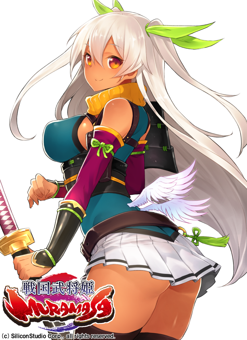 1girl, armor, black_thighhighs, copyright_name, dark-skinned_female, dark_skin, detached_collar, faulds, female_focus, hair_between_eyes, inayama, katana, long_hair, looking_at_viewer, low_wings, miniskirt, nanbu_nobunao_(sengoku_bushouki_muramasa), official_art, orange_eyes, pleated_skirt, sengoku_bushou_hime_muramasa, sengoku_bushouki_muramasa, skirt, smile, solo, sword, thighhighs, transparent_background, two_side_up, very_long_hair, watermark, weapon, white_hair, wings