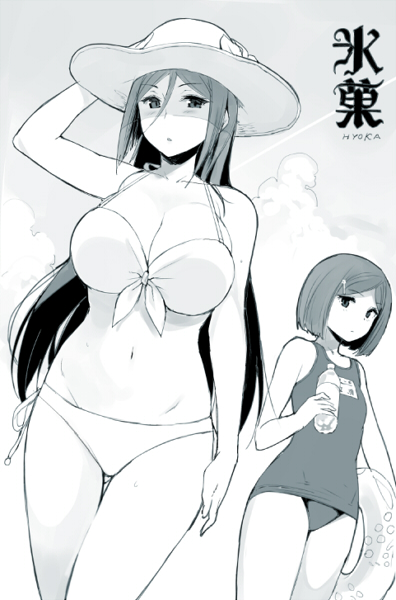 10s, 2girls, aqua_theme, bikini, blue_theme, bottle, breasts, cleavage, copyright_name, eba_kurako, front-tie_top, hair_between_eyes, hair_ornament, hairclip, hand_on_headwear, hat, hyouka, innertube, irisu_fuyumi, large_breasts, monochrome, multiple_girls, sasamori_tomoe, school_swimsuit, side-tie_bikini_bottom, sun_hat, swim_ring, swimsuit, water_bottle