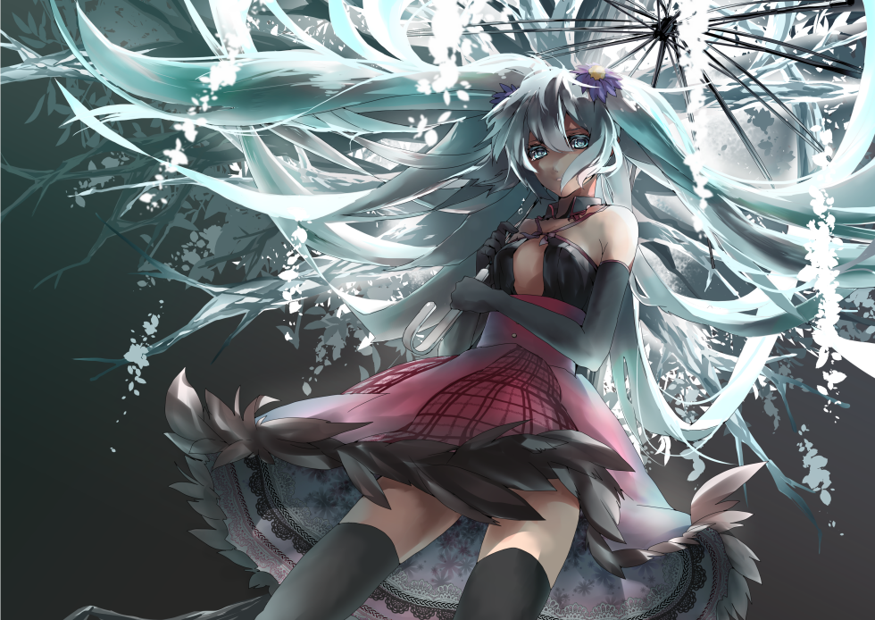 1girl, aqua_eyes, aqua_hair, elbow_gloves, female_focus, floating_hair, flower, gloves