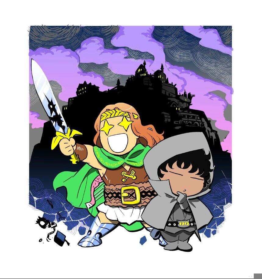 2boys, barbarian, belt, black_hair, boots, border, building, cape, chibi, city, cloud, fafhrd, fafhrd_and_the_gray_mouser, gloves, gray_mouser, hamada_jun'ichi, hand_on_own_chin, headband, instrument, lankhmar, leg_armor, lute_(instrument), monster, multiple_boys, no_nose, open_mouth, red_hair, silhouette, star_(symbol), sword, weapon, yellow_eyes