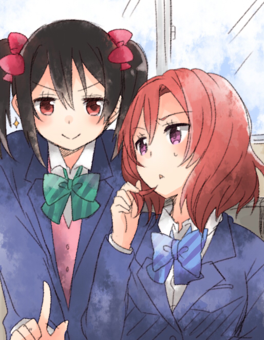 10s, 2girls, black_hair, blazer, blush, bow, hair_bow, hoshina_mako, jacket, long_hair, love_live!, love_live!_school_idol_project, multiple_girls, nishikino_maki, purple_eyes, red_eyes, red_hair, school_uniform, short_hair, smile, triangle_mouth, twintails, yazawa_nico