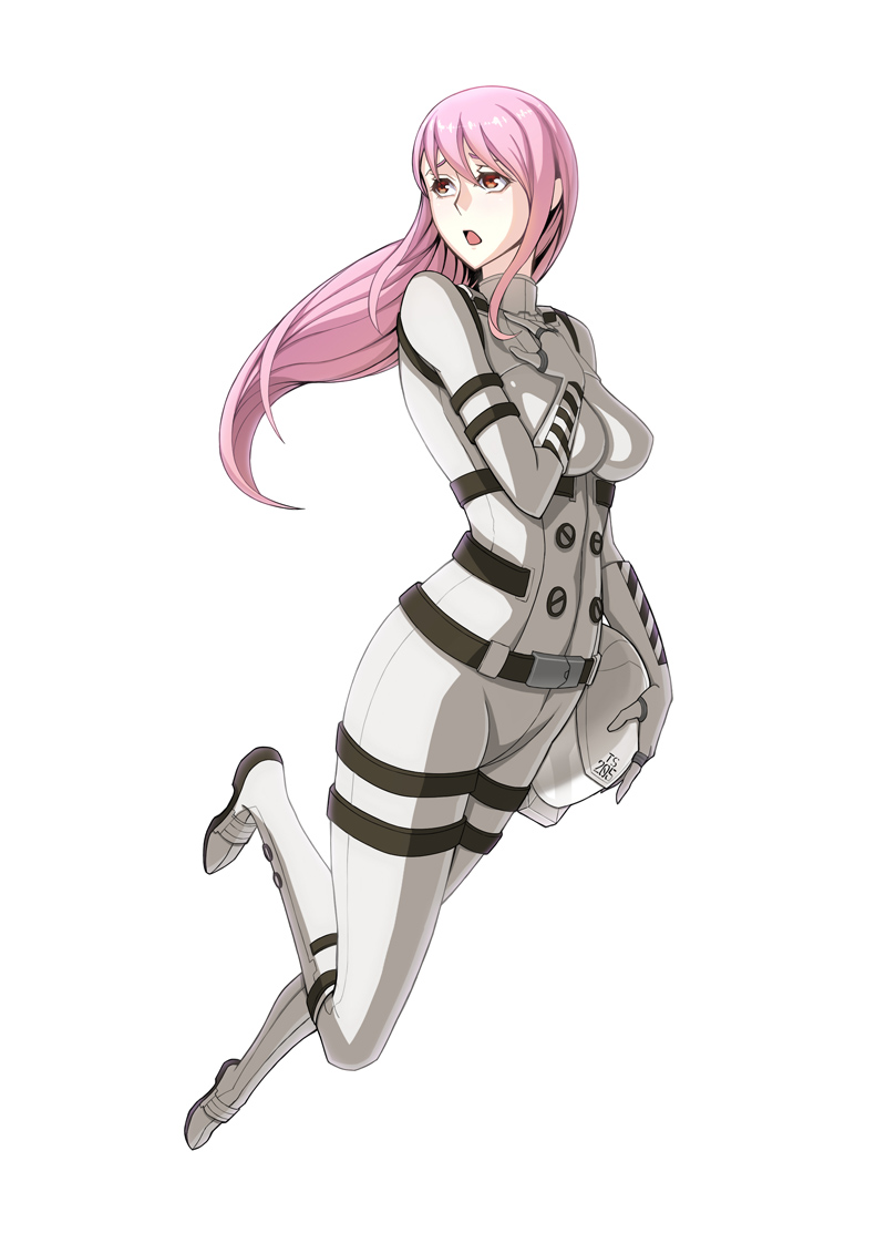 1girl, female_focus, full_body, hand_on_own_chest, hayate_(leaf98k), helmet, honoka_en, honoka_hou, honoka_sisters, long_hair, looking_to_the_side, open_mouth, pilot_suit, pink_hair, red_eyes, sidonia_no_kishi, simple_background, solo, spacesuit, uniform, unworn_headwear, unworn_helmet, white_background