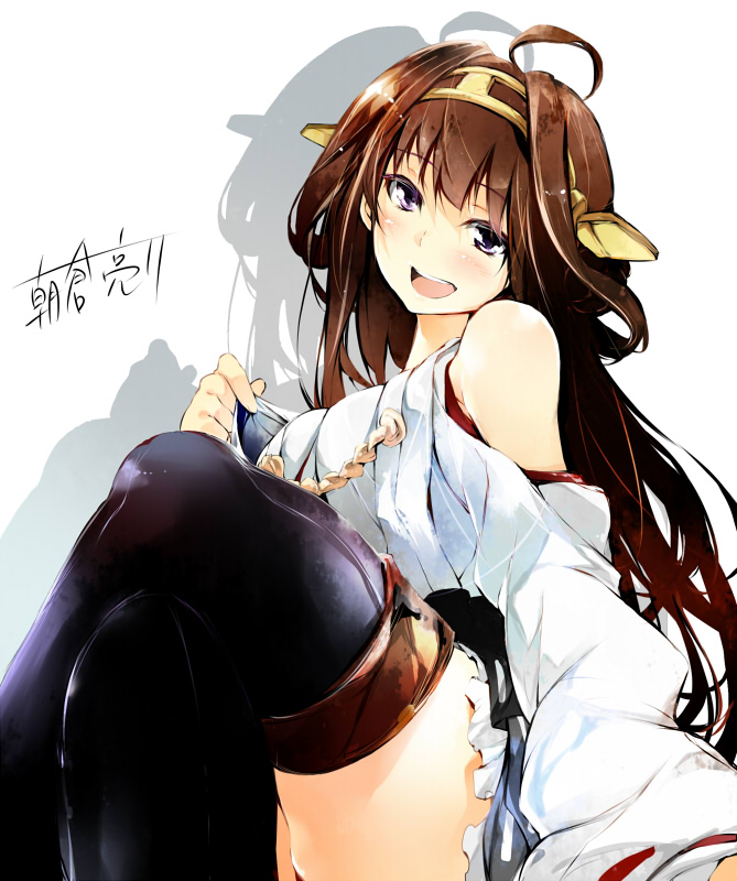 10s, 1girl, :d, asakura681, asakura_ryousuke, bare_shoulders, black_thighhighs, blouse