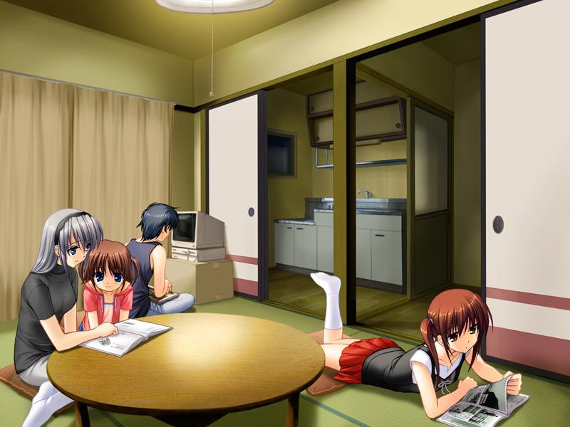 00s, 1boy, 3girls, blue_eyes, brown_eyes, brown_hair, clannad, feet, fumio_(ura_fmo), game_cg, grey_hair, hairband, kanako_(clannad), long_hair, mishima_tomo, multiple_girls, okazaki_tomoya, reading, sakagami_tomoyo, short_hair, short_twintails, skirt, slice_of_life, socks, tomoyo_after, twintails, two_side_up, white_legwear