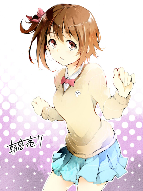 10s, 1girl, artist_name, asakura681, asakura_ryousuke, bow, brown_eyes, brown_hair