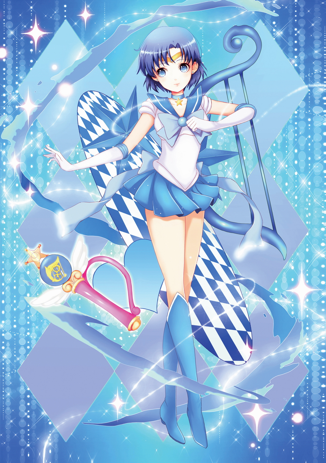 1girl, bishoujo_senshi_sailor_moon, blue_background, blue_boots, blue_eyes, blue_hair, blue_sailor_collar, blue_skirt