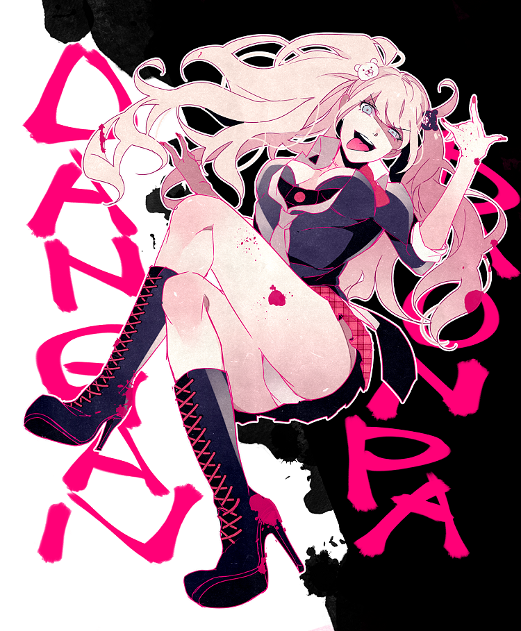 10s, 1girl, bad_id, bad_pixiv_id, bear_hair_ornament, blood, blue_eyes, boots