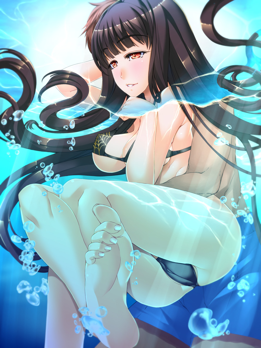 1boy, 1girl, air_bubble, atlach-nacha, barefoot, bikini, black_hair, bubble