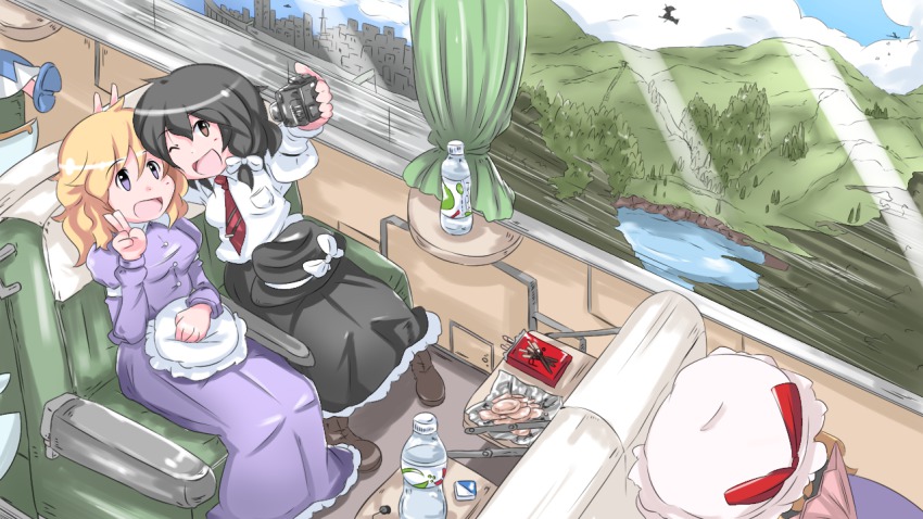 5girls, :d, blonde_hair, blouse, blue_sky, bottle, bow, brown_eyes