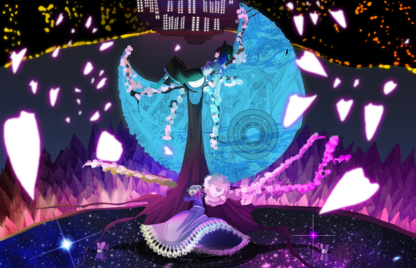 2girls, abstract, absurdres, artist_request, blonde_hair, bow, brown_eyes, brown_hair