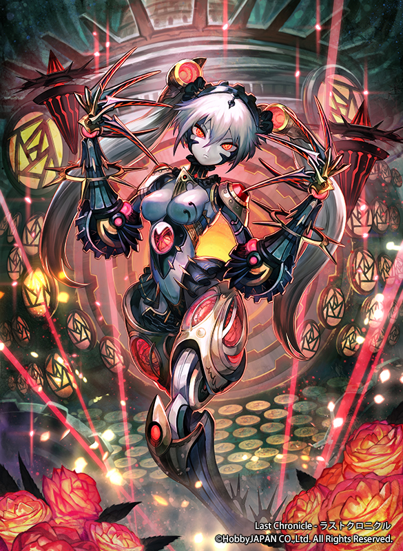 1girl, android, claws, colored_skin, company_name, copyright_name, female_focus, flower