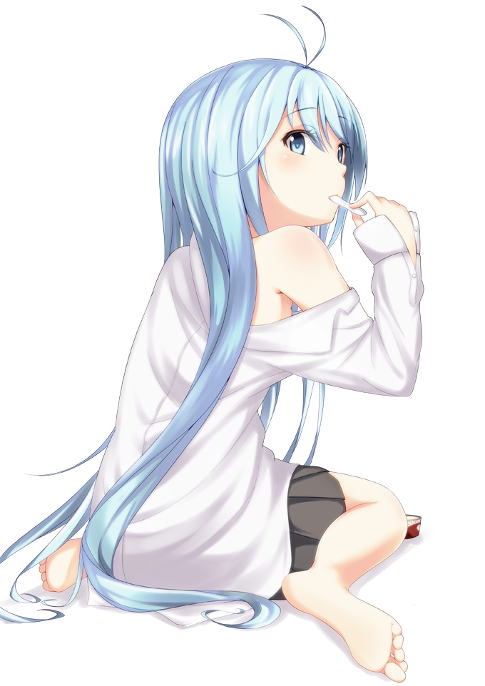 10s, 1girl, antenna_hair, barefoot, blue_eyes, blue_hair, blush, denpa_onna_to_seishun_otoko, feet, female_focus, from_behind, full_body, hair_spread_out, long_hair, looking_back, makoto_(bk69and7), matching_hair/eyes, off_shoulder, simple_background, sitting, skirt, soles, solo, toes, touwa_erio, wariza, white_background