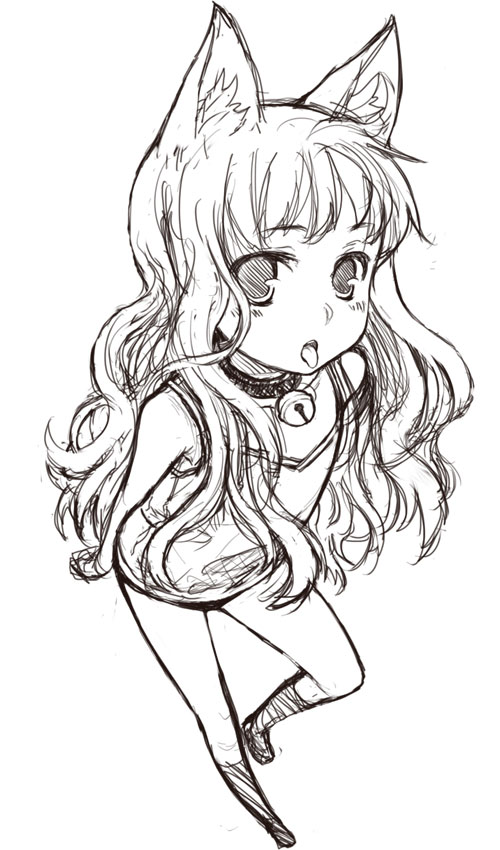 animal_ears, cat_ears, greyscale, hito, monochrome, original, sketch, solo