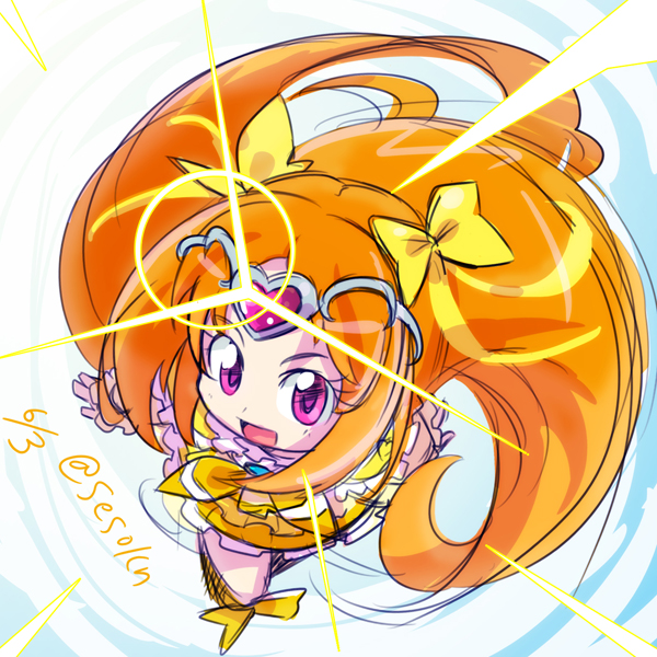 10s, 1girl, bow, circlet, cure_muse, cure_muse_(yellow), dated, female_focus, frills, hair_bow, heart, long_hair, magical_girl, orange_hair, pink_eyes, precure, shirabe_ako, sketch, skirt, smile, solo, suite_precure, tashiaki_(sesoken), tatsu_(seisouken), yellow_bow