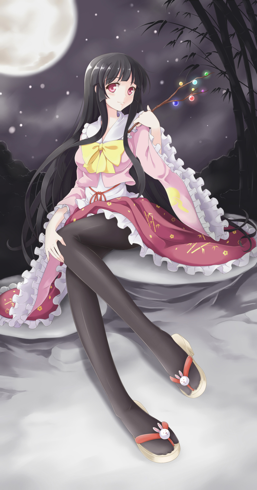 1girl, bamboo, black_hair, black_pantyhose, blouse, branch, breasts, female_focus