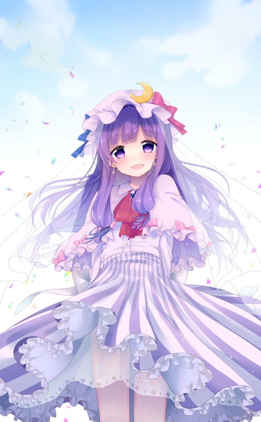 1girl, :d, blush, confetti, crescent, earrings, female_focus, hair_ribbon
