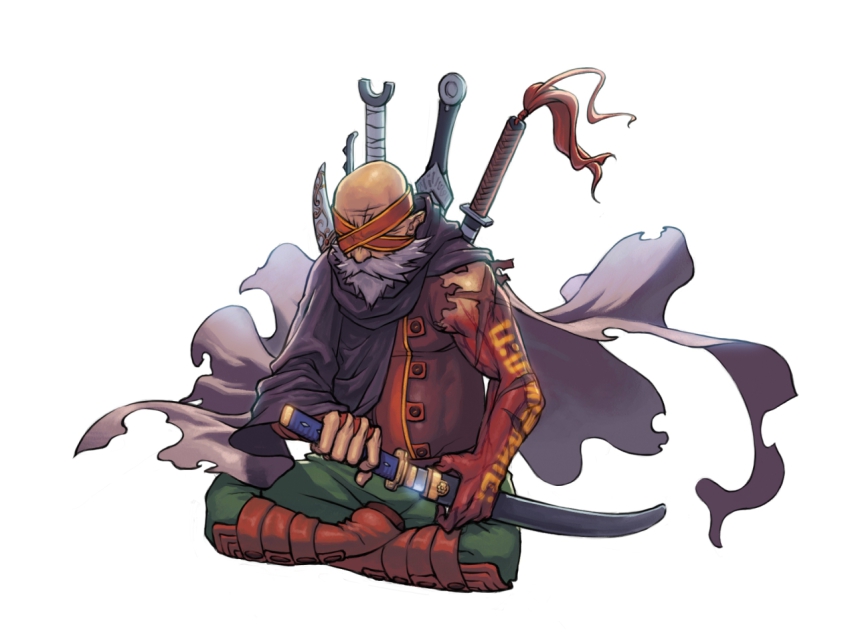 00s, asura_(dungeon_and_fighter), beard, blind, blindfold, boots, cape, dungeon_and_fighter, facial_hair, g.s.d., katana, male_slayer_(dungeon_and_fighter), mmo, scar, slayer_(dungeon_and_fighter), sword, weapon