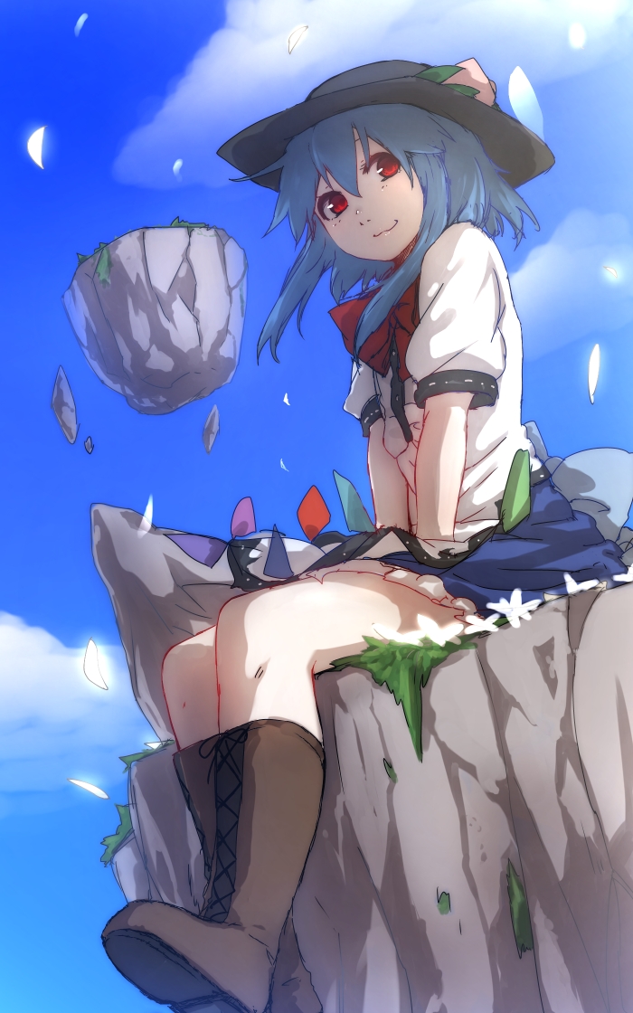 1girl, :3, alternate_hairstyle, between_legs, blouse, blue_hair, blue_skirt, blue_sky, boots, cloud, day, female_focus, floating, floating_object, food, fruit, hand_between_legs, hat, hinanawi_tenshi, kaname-ishi, lace-up_boots, let's_draw_short-haired_hinanawi_tenshi, looking_at_viewer, on_rock, peach, puffy_short_sleeves, puffy_sleeves, rainbow_order, red_eyes, ribbon, rock, shirt, short_hair, short_sleeves, sitting, skirt, sky, smile, solo, terimayo, touhou, wavy_mouth, white_shirt